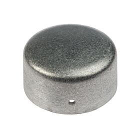 Een ronde aluminium paaldop in een blanke uitvoering met een klein zijgat voor bevestiging aan een buis.