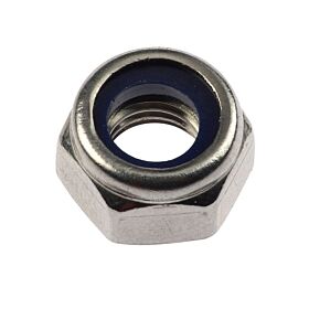 Een zeshoekige roestvaststalen borgmoer met een blauwe kunststof ring aan de binnenzijde voor een veilige, trillingsbestendige bevestiging.