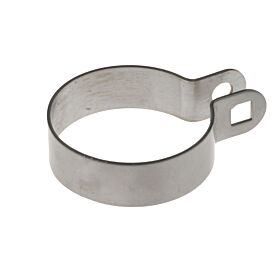 Een roestvrijstalen eindbeugel met een ronde vorm en twee uitsteeksels met gaten voor montage op een witte achtergrond.