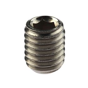 Een close-up van een roestvrijstalen stelschroef met inbuskop op een witte achtergrond, ideaal voor industriële toepassingen.