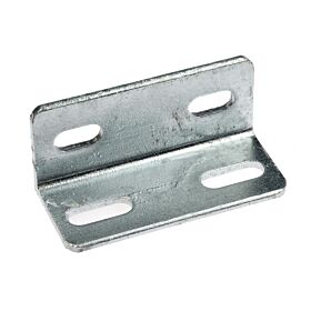 Een zijaanzicht van een thermisch verzinkt stalen hoekstuk met vier slobgaten voor een duurzame en verstelbare hoekverbinding.