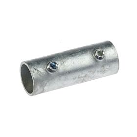 Een zilverkleurige stalen koppelbus type TJ14 met twee inbusbouten voor het stevig verbinden van ronde metalen buizen.