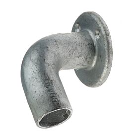 Een robuuste thermisch verzinkte wandflens met een 90 graden bocht voor het monteren van buisconstructies aan wanden.