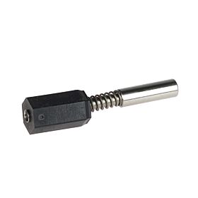 Een detailopname van een universele metalen veerpen met veer en een zwarte zeshoekige nylon eindkap voor Flextonverbinder.