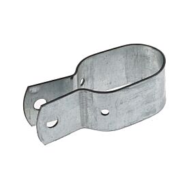 Een verzinkte metalen ovale schoorbeugel met een lange vorm en verstelgleuf, ontworpen voor duurzame montage van hekwerkonderdelen.