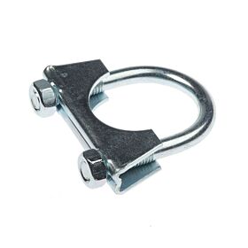 Een zilverkleurige verzinkte M8 U-beugelklem met zadelaansluiting en twee moeren voor het stevig bevestigen van uitlaten en buizen.