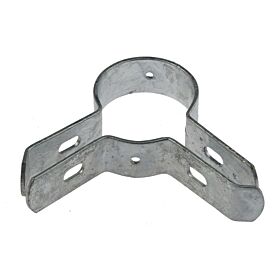 Een zijaanzicht van een stevige vuurverzinkte metalen hoekverbinder met montagegaten voor het bevestigen van gaas aan ronde hekwerkpalen.