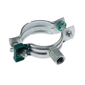 Een metalen Walraven Bifix G2 pijpbeugel met groene snelsluiting en M8/10 aansluitmoer voor een snelle en eenvoudige buisinstallatie.