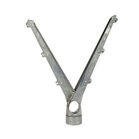 Een zilverkleurige aluminium Y-vormige puntdraadkop ontworpen voor het bevestigen van zes rijen prikkeldraad op een 60 mm paal.