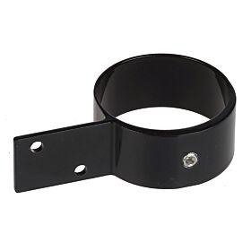 Zwarte aluminium schuttingbeugel eindmodel met een platte montageplaat en inbusschroef voor het stevig bevestigen van buizen aan palen.