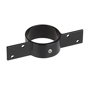 Zwarte aluminium schuttingbeugel tussenmodel met zijflenzen en voorgeboorde gaten voor het eenvoudig bevestigen van ronde buizen.