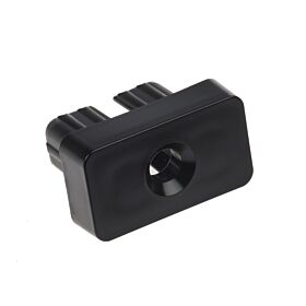 Een zwarte rechthoekige nylon eindkap voor kokerprofielen met een centraal gat en geribbelde poten voor een stevige grip.