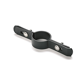 Een zwarte polyamide langlipbeugel voor het bevestigen van dubbelstaafmatten aan een ronde paal van 60 mm inclusief bouten.