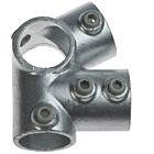 Verzinkte gegoten T-klem buiskoppeling met een schuine hoek en vier inbusbouten voor een stabiele buisverbinding.