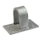 Een grote thermisch verzinkte metalen sluitgaffel op een rechthoekige montageplaat met vier boorgaten voor een veilige en duurzame bevestiging.