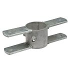 Een thermisch verzinkte metalen knelring voor een standpaal met dubbele draaidelen aan beide zijden voor stevige bevestiging van hekwerkonderdelen.
