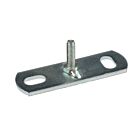 Een elektrolytisch verzinkte muurplaat met twee ovale montagegaten en een centrale verticale bout met buitendraad voor stevige bevestiging.