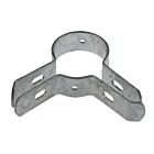 Een zijaanzicht van een stevige vuurverzinkte metalen hoekverbinder met montagegaten voor het bevestigen van gaas aan ronde hekwerkpalen.