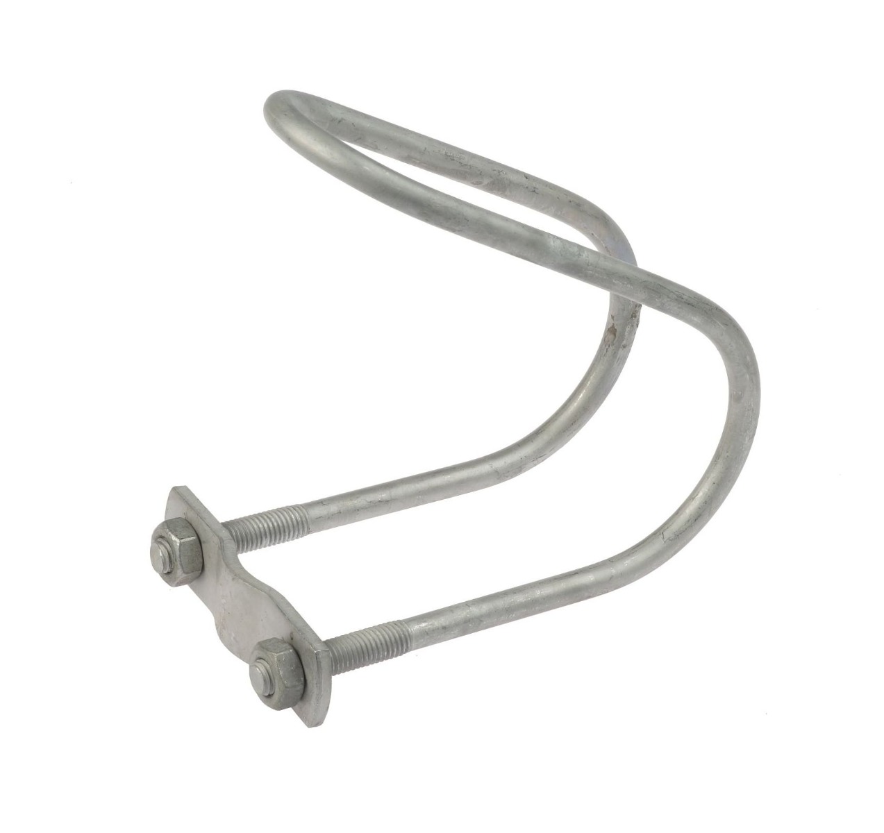 Een thermisch verzinkte schuine draadklem TG-245 M10 met twee moeren en een metalen plaatje voor veilige buisbevestiging.