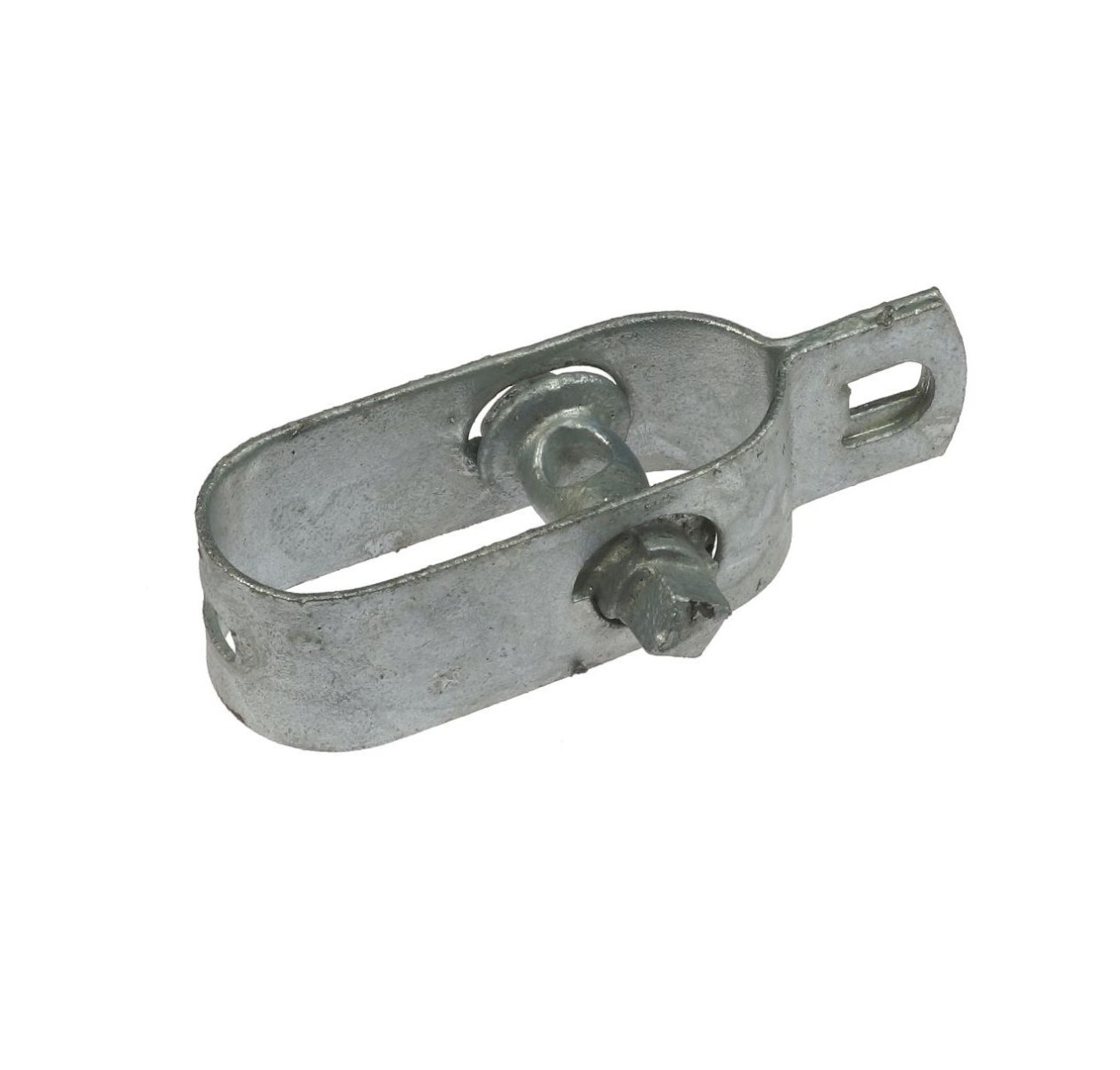 Een robuuste draadspanner van thermisch verzinkt staal met een draaibare bout voor het strak spannen van afrasteringsdraad.