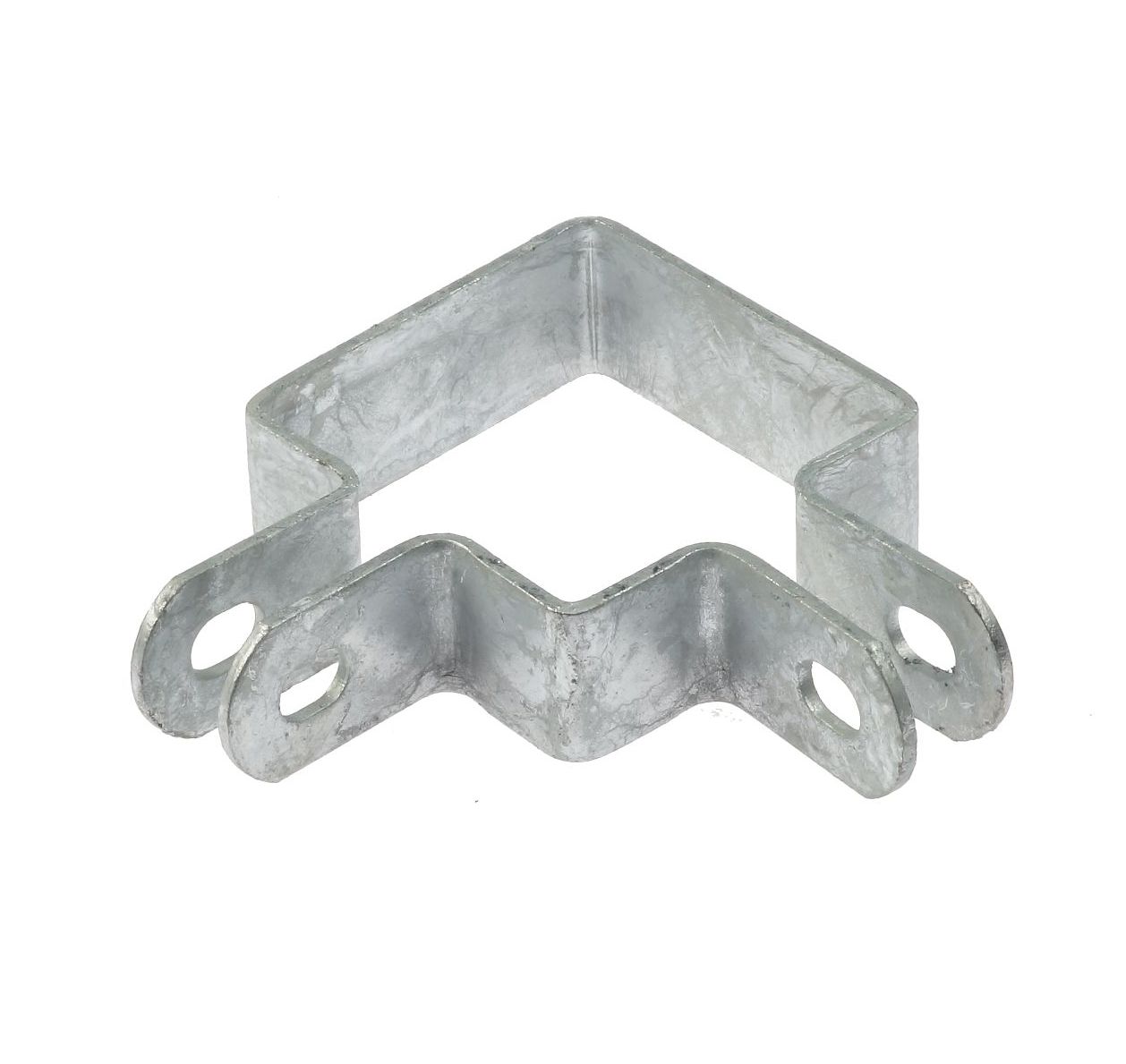 Zilverkleurige thermisch verzinkte dubbele stalen hoekbeugel met voorgeboorde gaten voor het stevig monteren van 60x60mm kokerprofielen.