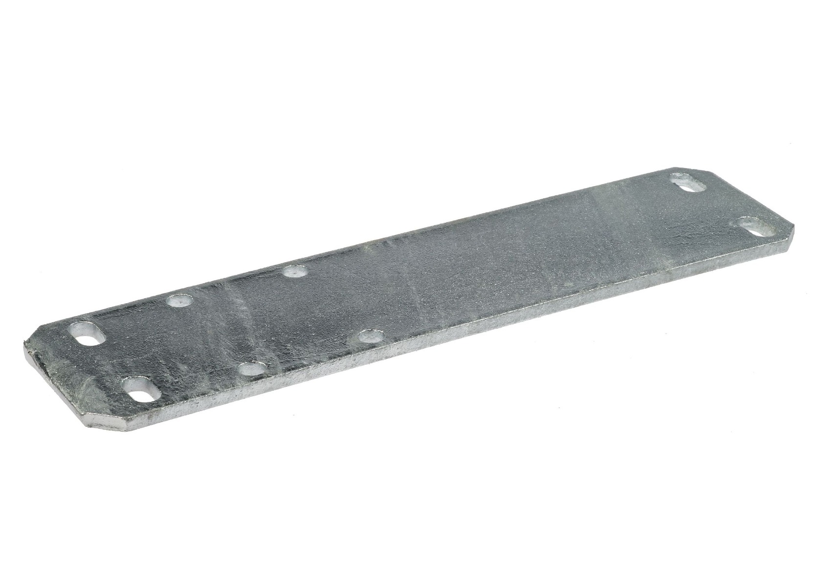 Een stevige, thermisch verzinkte metalen schoftboomplaat met voorgeboorde gaten voor een veilige en duurzame montage in stallen.