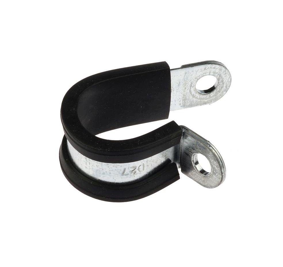 Een zilverkleurige metalen 1-punts leidingklem met een zwarte rubberen voering en twee ronde gaten voor stevige bevestiging.