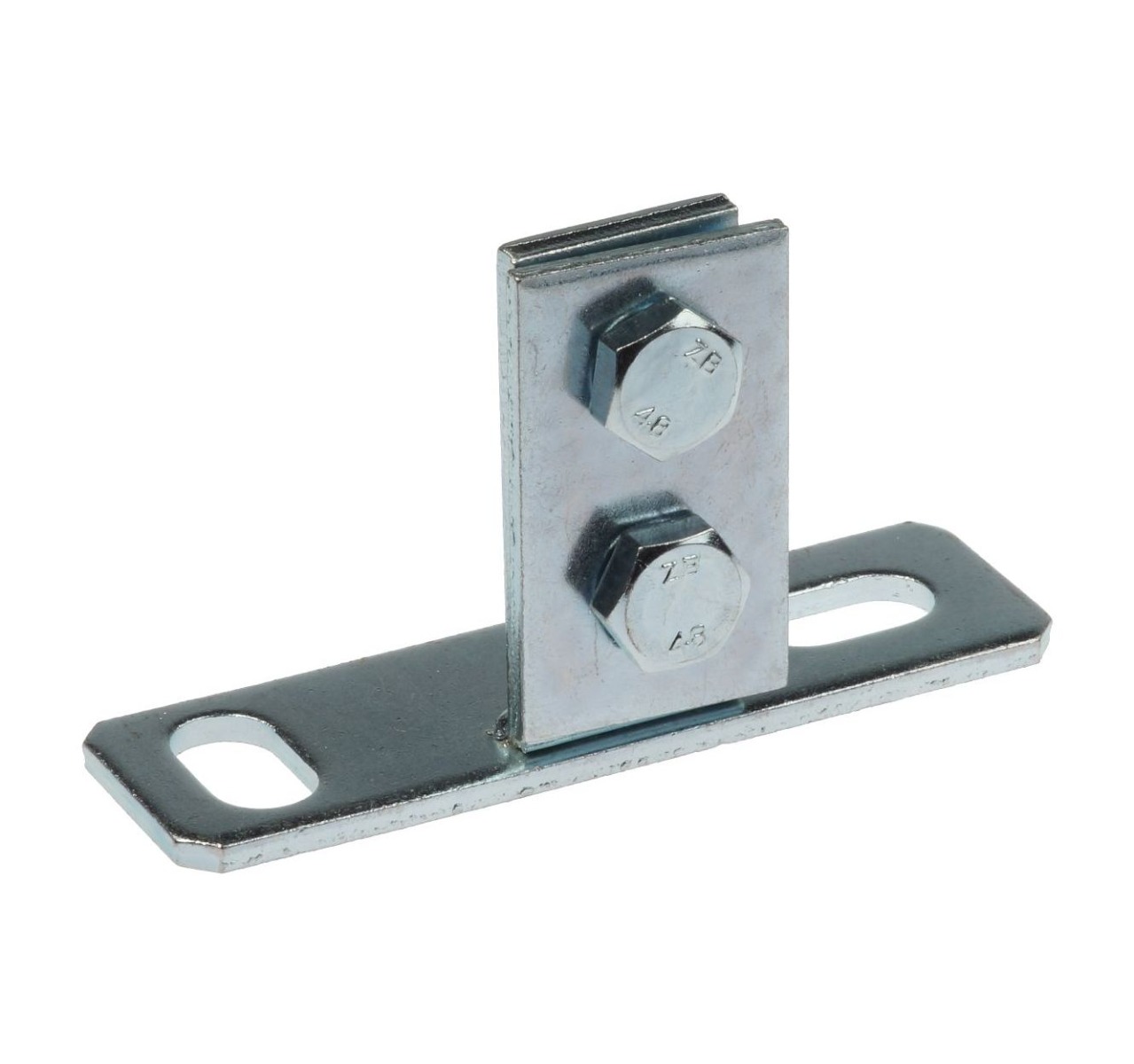 Een zilverkleurige metalen kopflens met een platte basis, twee sleufgaten en een verticale klem met stevige bouten.