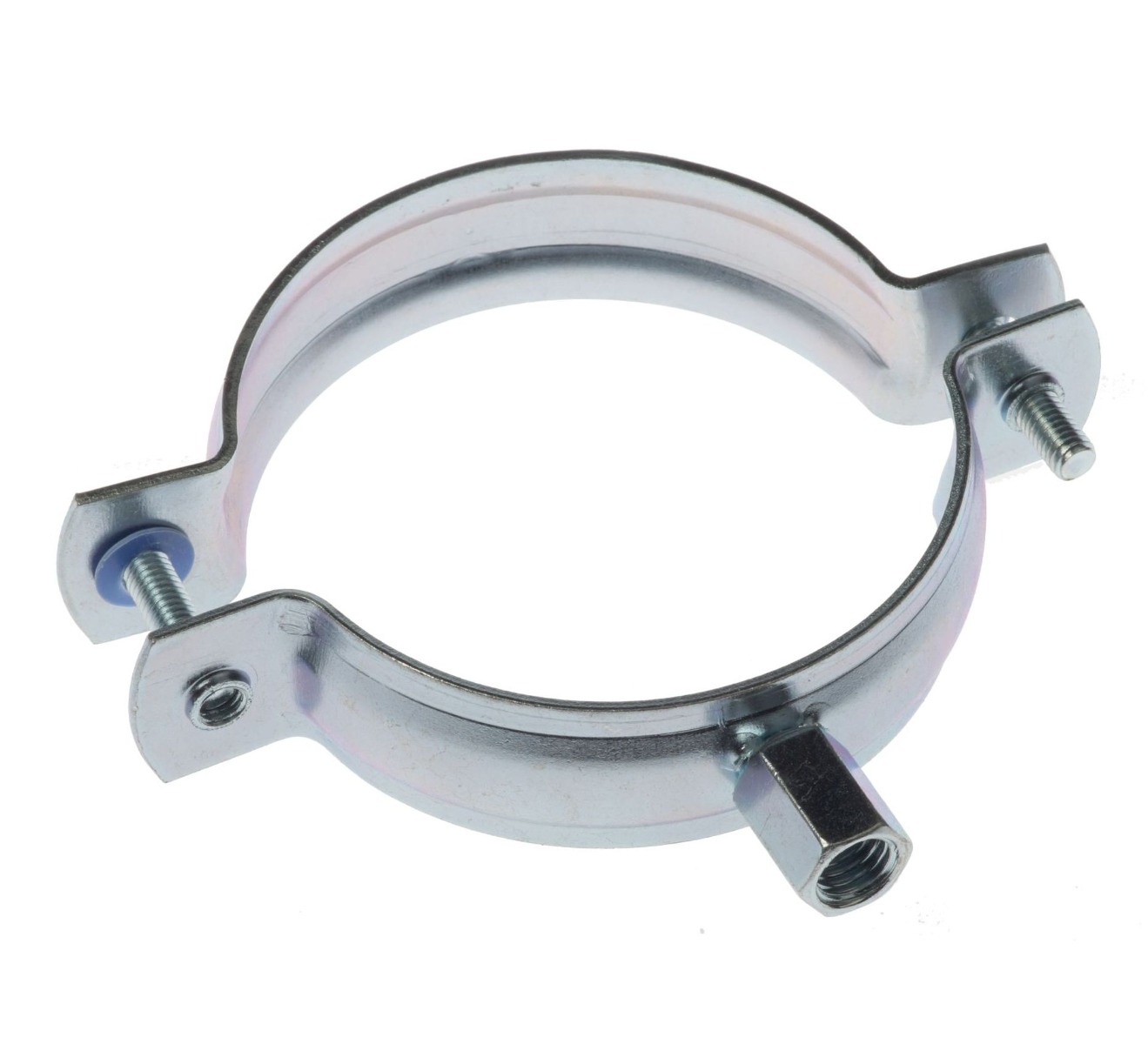 Zilverkleurige, tweedelige metalen pijpbeugel met elektrolytisch verzinkte afwerking en een gecombineerde M8/M10 aansluitmoer voor buismontage.