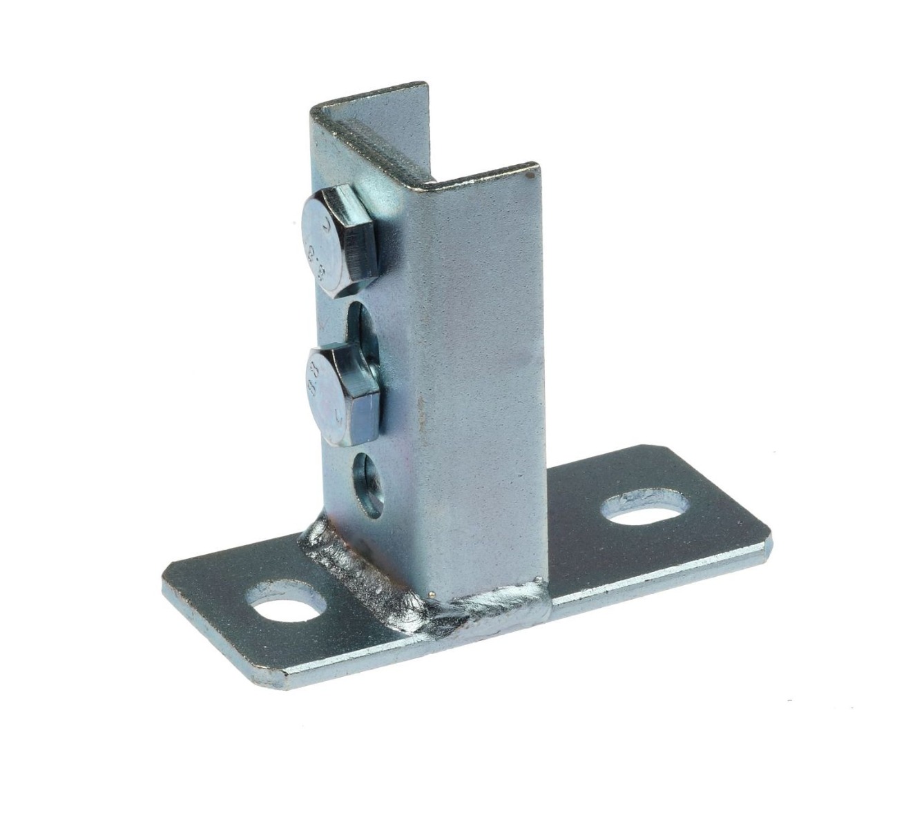 Een elektrolytisch verzinkte zadelflens voor montagerails met twee bouten en een stevige basisplaat voor stabiele montage.