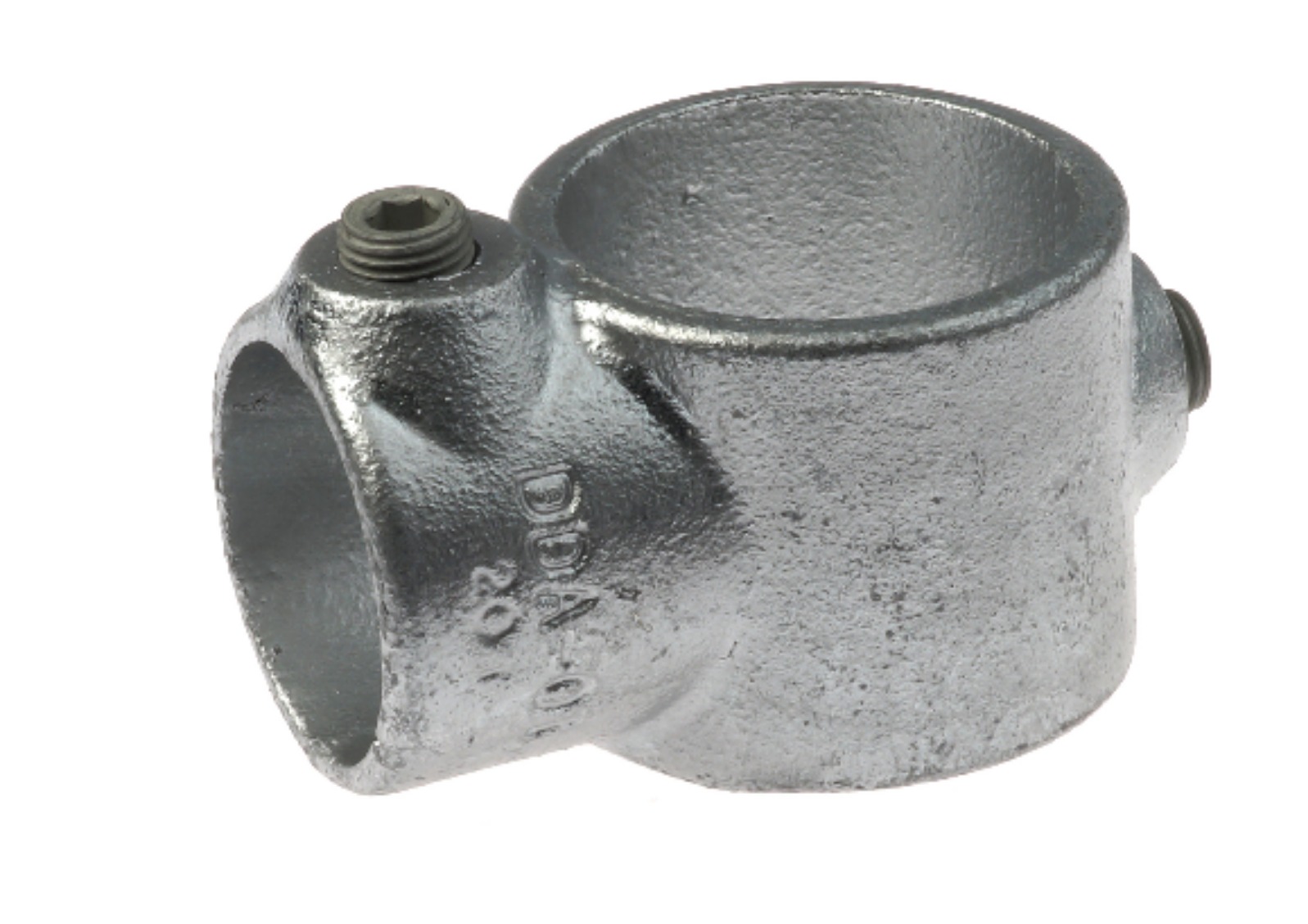 Gegoten metalen T-klem met een thermisch verzinkte afwerking en een inbusbout voor het koppelen van steigerbuizen.