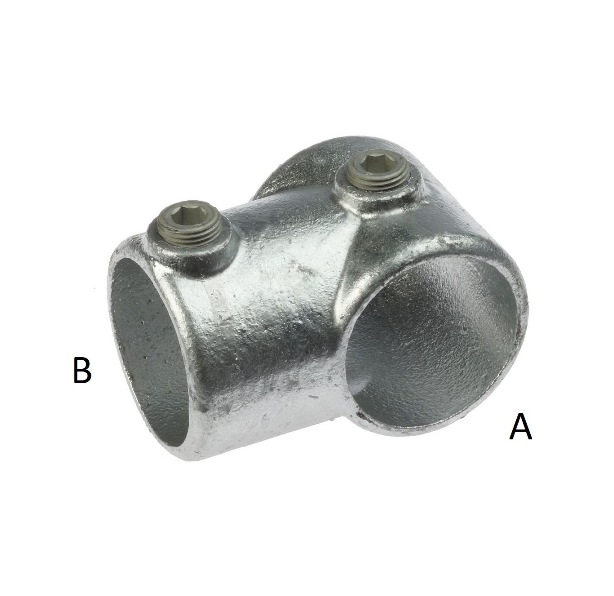 Een duurzame thermisch verzinkte G101 gegoten T-klem buisverbinder met inbusbouten voor een stevige en veilige constructie van buizen.