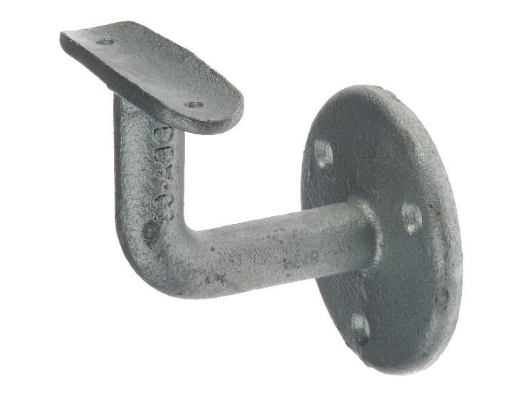 Gegoten thermisch verzinkte leuninghouder met een gebogen arm en ronde wandplaat voor het ondersteunen van buisleuningen.