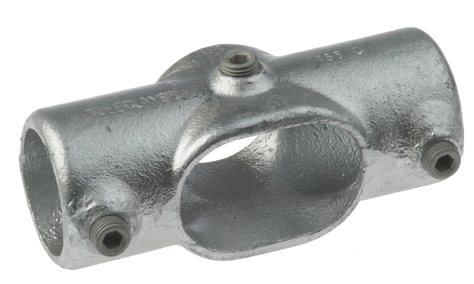Een zilverkleurig, thermisch verzinkt gegoten kruisstuk model G119 met drie inbusbouten voor een stevige en duurzame buisverbinding.