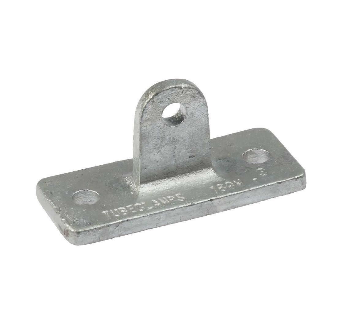 Een zilverkleurige gegoten metalen scharniersteun met een rechthoekige basis, twee bevestigingsgaten en een centraal oog voor scharnierpunten.