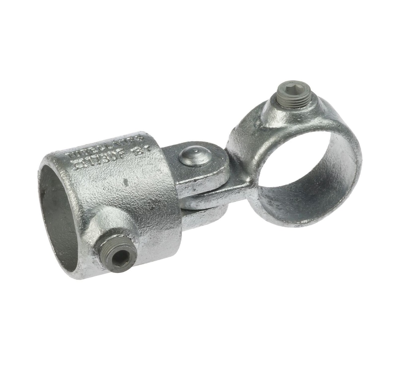 Thermisch verzinkte gegoten schoorklem met scharniergewricht voor het verbinden van buizen onder verschillende hoeken met inbusbouten.