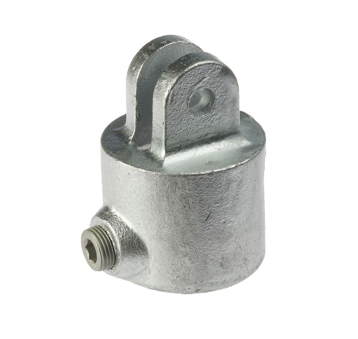 Een thermisch verzinkt gesloten scharnierdeel type G173F geschikt voor buizen met een buitendiameter van tweeënveertig millimeter.