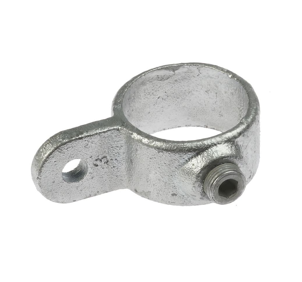 Een thermisch verzinkt metalen scharnierdeel met een ronde buisklem, een stelschroef en een plat uiteinde voorzien van een bevestigingsgat.