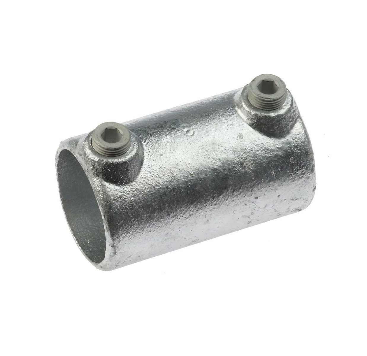 Een zilverkleurige thermisch verzinkte gegoten koppelbus met twee inbusbouten voor het stevig verbinden van twee metalen buizen.