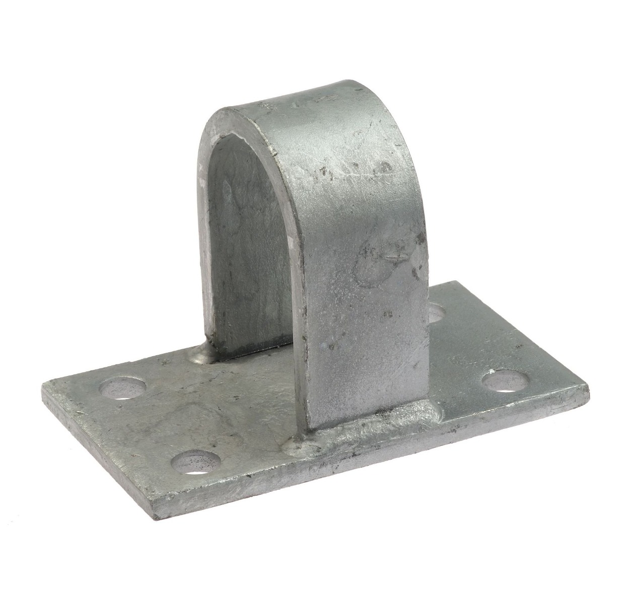 Een grote thermisch verzinkte metalen sluitgaffel op een rechthoekige montageplaat met vier boorgaten voor een veilige en duurzame bevestiging.