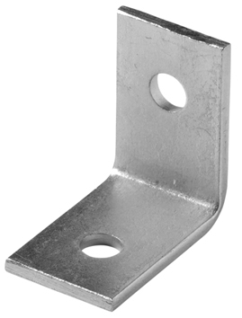 Een zilverkleurige, L-vormige metalen hoekbeugel van 90 graden met twee voorgeboorde gaten voor stevige montage.