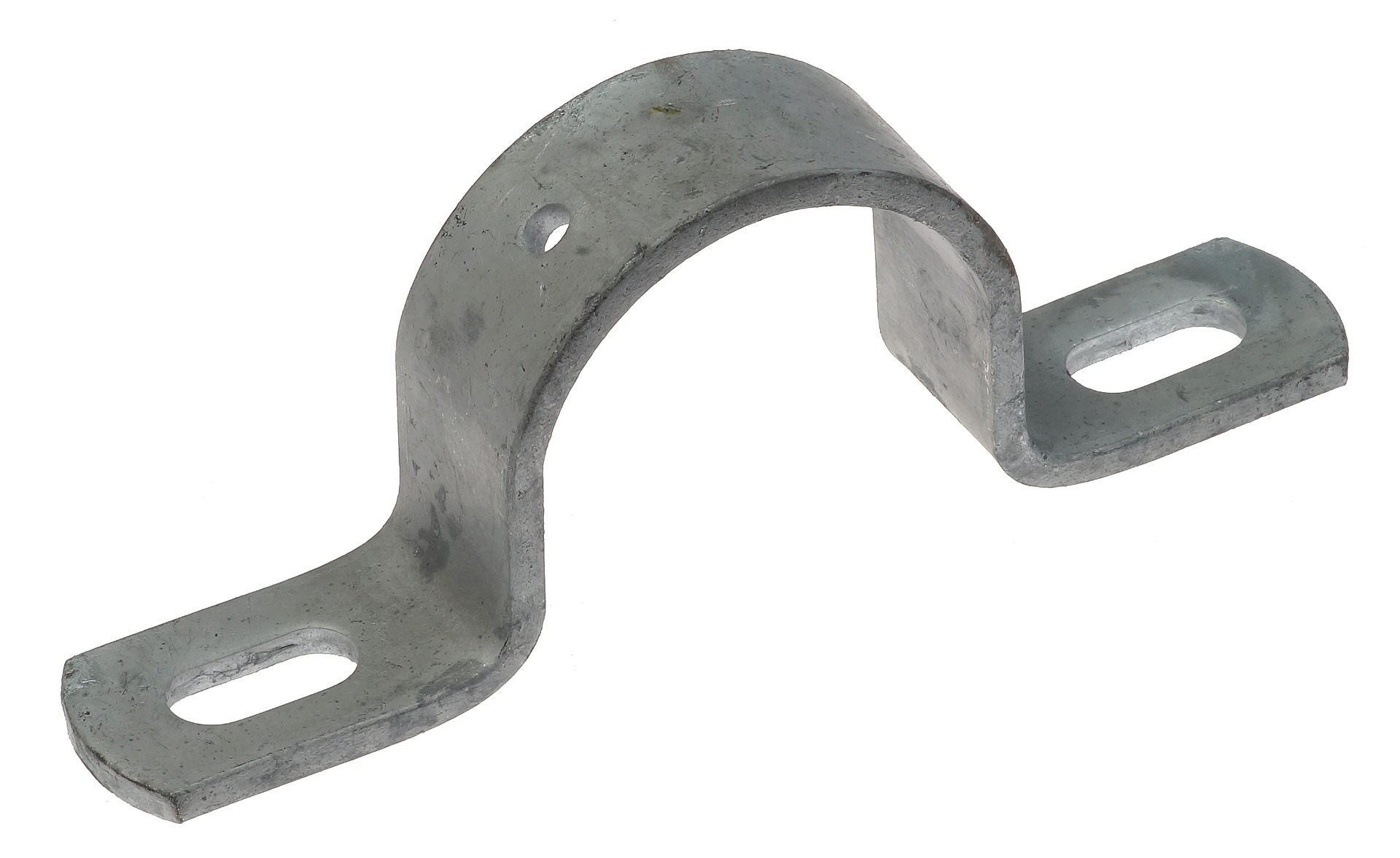 Een zijaanzicht van een thermisch verzinkte kantplankbeugel van staal met twee ovale montagegaten voor eenvoudige bevestiging aan oppervlakken.