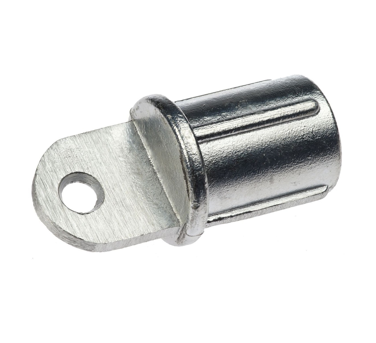 Een zilverkleurige aluminium interne einddop met een oogje voor 42mm buizen, ideaal voor stevige schoorverbindingen.