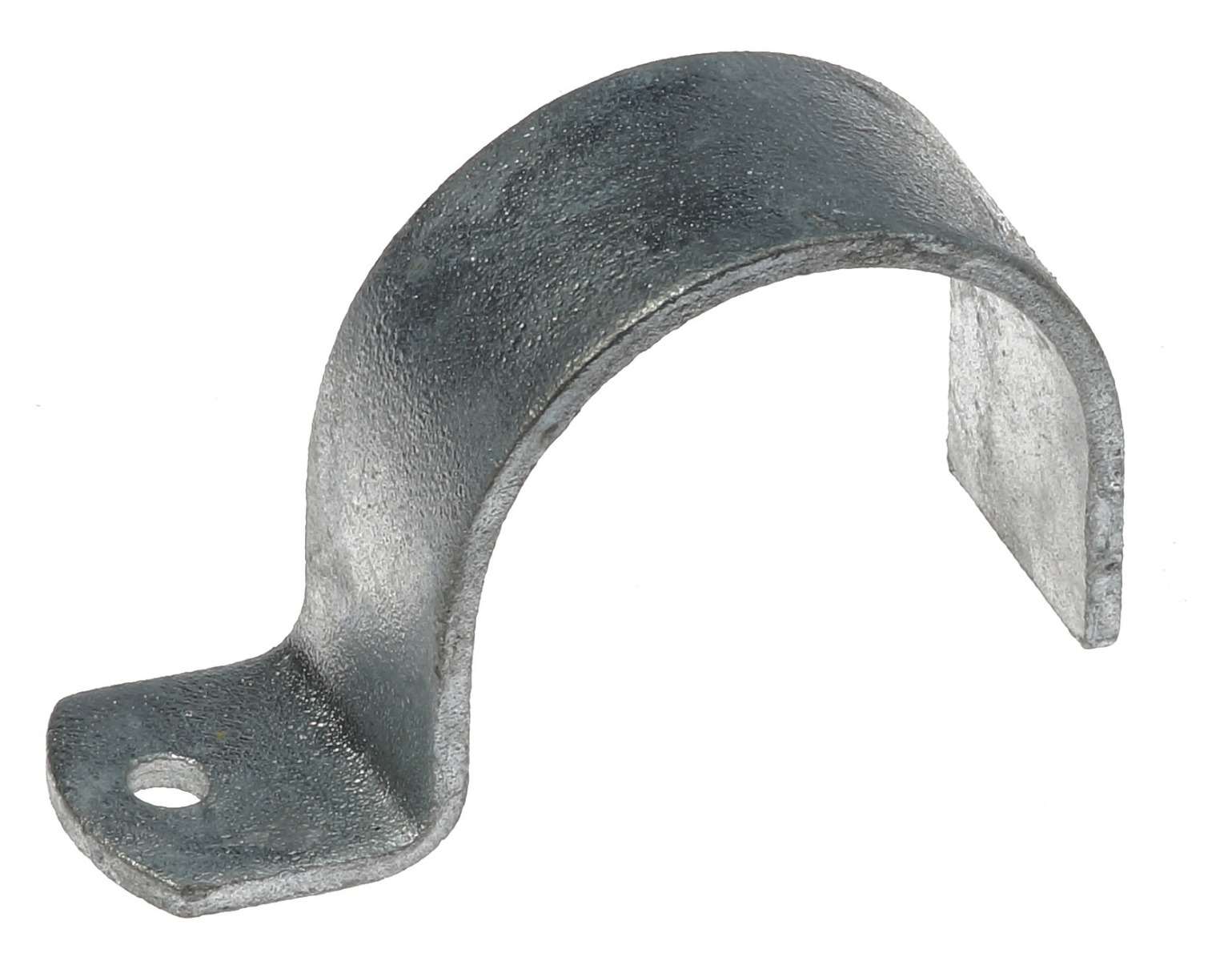 Zijaanzicht van een zware thermisch verzinkte metalen kapbeugel met enkele lip voor het stevig bevestigen van buizen of leidingen.