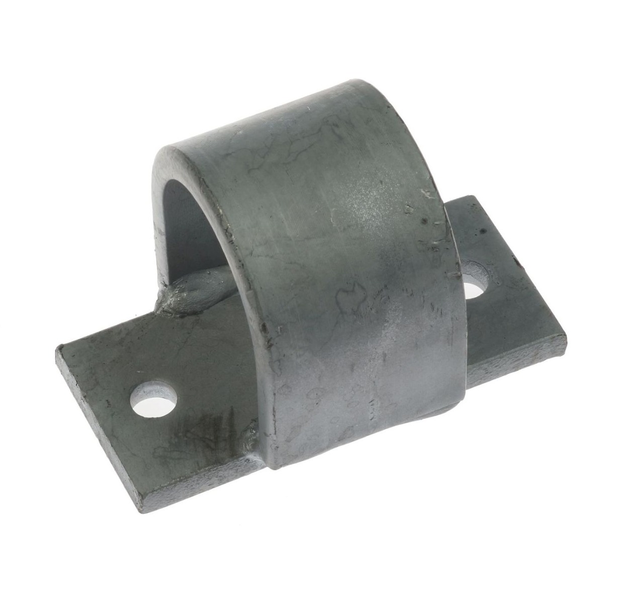 Een kleine thermisch verzinkte metalen sluitgaffel met een U-vormige beugel gelast op een montageplaat met twee ronde bevestigingsgaten.