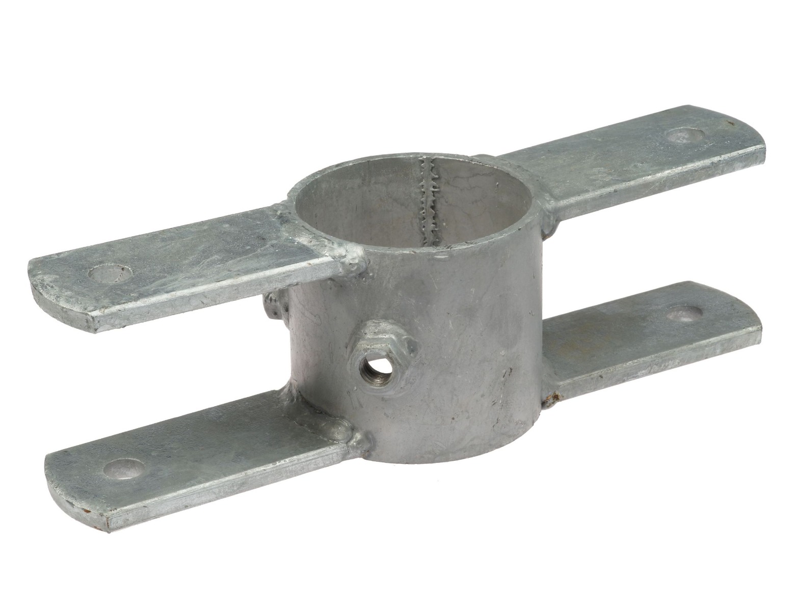 Een thermisch verzinkte metalen knelring voor een standpaal met dubbele draaidelen aan beide zijden voor stevige bevestiging van hekwerkonderdelen.
