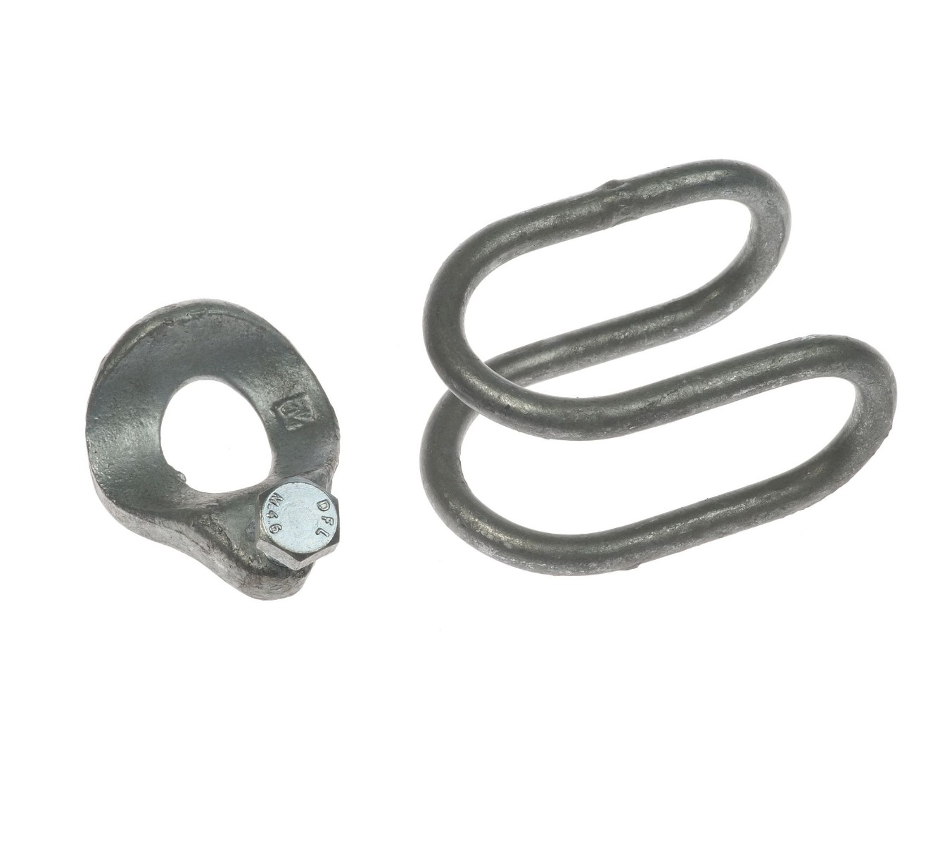Een los gietblok met bout en een metalen lus voor een thermisch verzinkte kruisklem op een witte achtergrond.