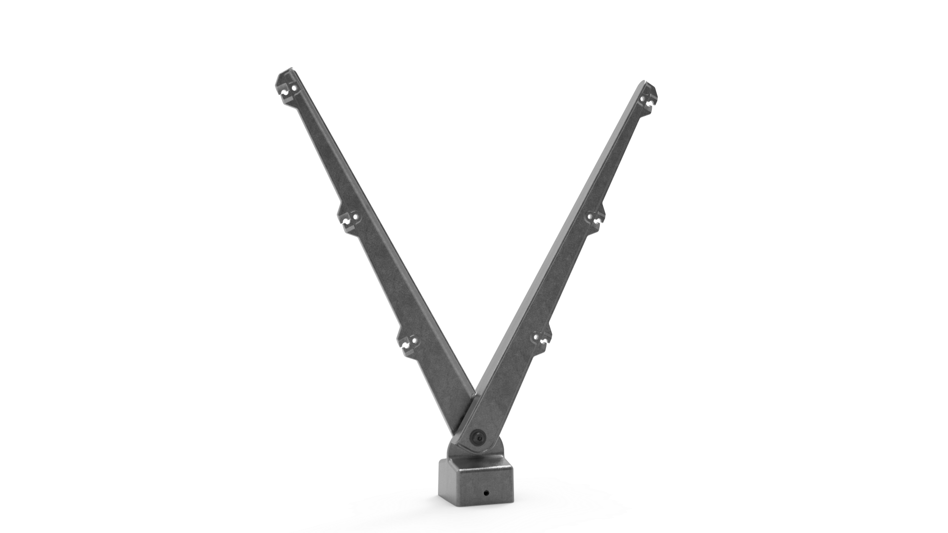 Een grijze, modulaire dubbele prikkeldraadarm in V-vorm, ontworpen voor het bevestigen van prikkeldraad bovenop een hekwerkpaal.