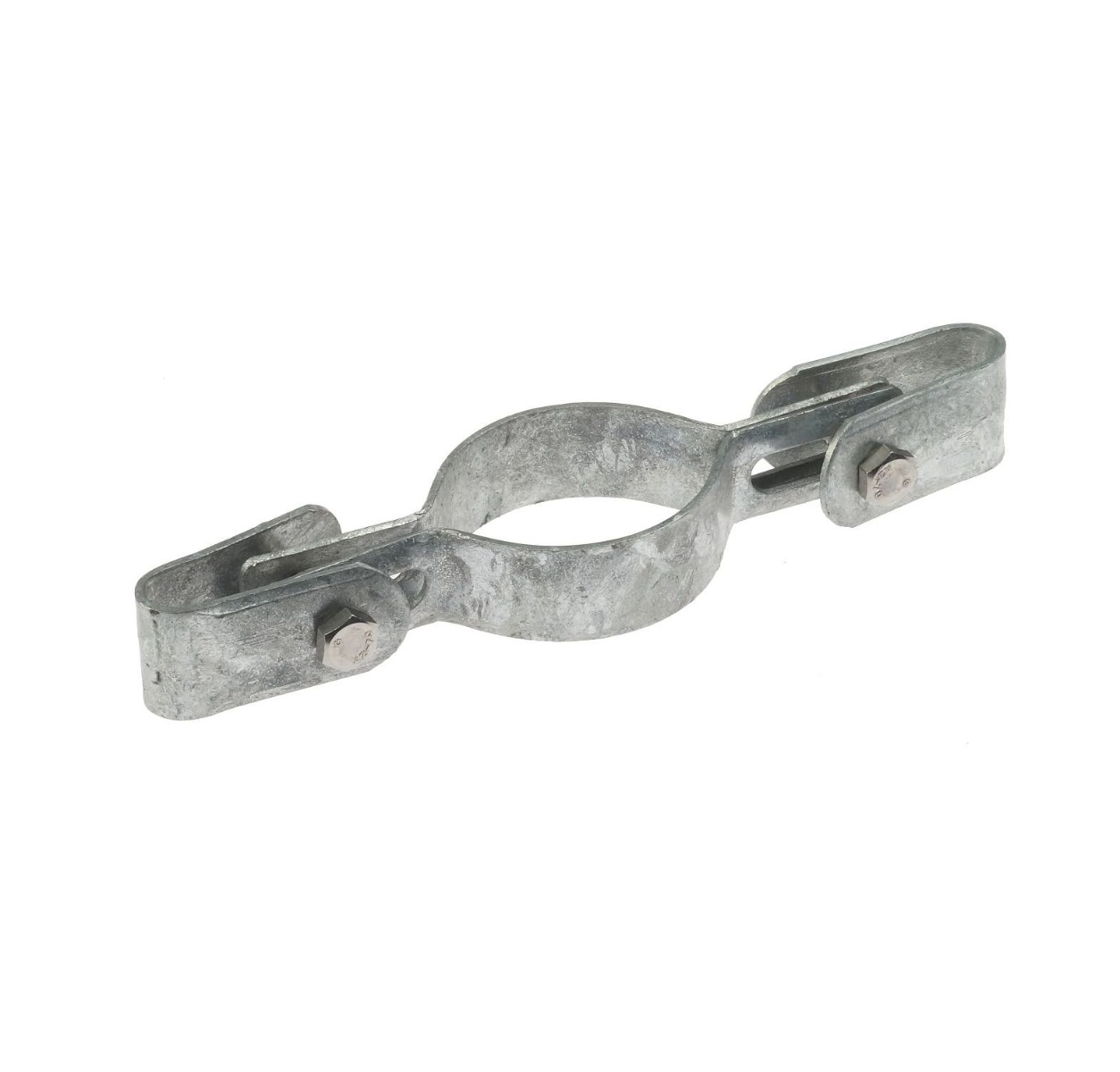 Een duurzame thermisch verzinkte dubbele montageclip model A68, ideaal voor het stevig bevestigen van buizen en leidingen.
