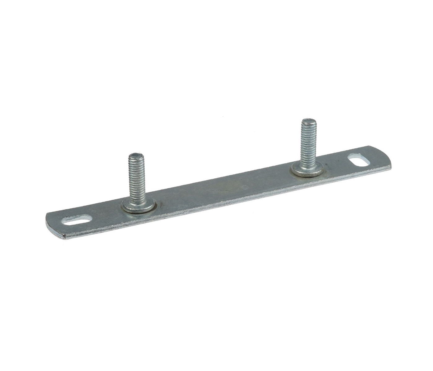 Een vlakke metalen muurplaat met twee rechtopstaande draadeinden en montagegaten elektrolytisch verzinkt voor duurzame bevestiging van leidingen.